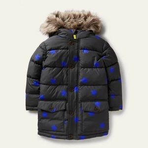 Mini Boden Black Puffer Coat with Blue Star Print and Faux Fur Hood